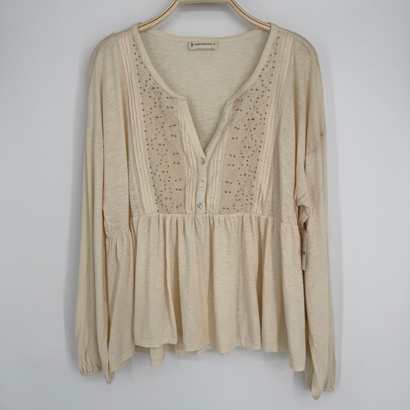 Lucky Brand Beaded Pintuck Peplum Top XL Cream Embroidered Boho Casual Chic NWT - Picture 4 of 11